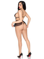 Woman modeling the Obsidian Lace Babydoll featuring black scalloped lace and a sheer mesh skirt.