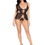 Woman modeling the Obsidian Lace Babydoll featuring black scalloped lace and a sheer mesh skirt.