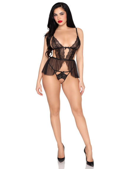 Woman modeling the Obsidian Lace Babydoll featuring black scalloped lace and a sheer mesh skirt.