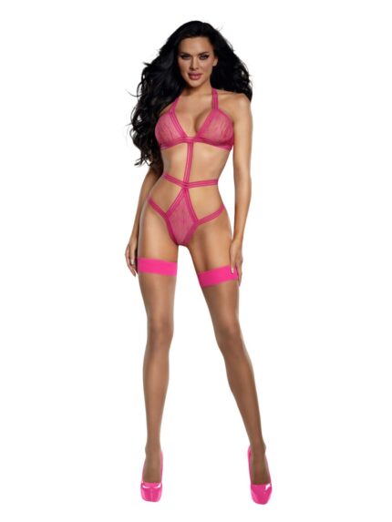 Woman modeling the Neon Pink Tiger Mesh Playsuit featuring sheer tiger stripes and strappy elastic.