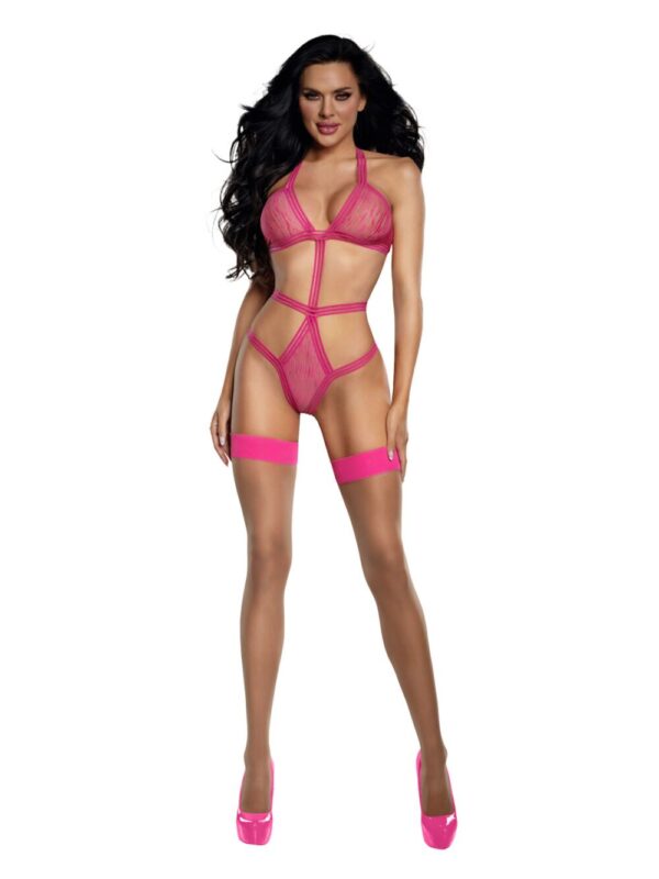 Woman modeling the Neon Pink Tiger Mesh Playsuit featuring sheer tiger stripes and strappy elastic.