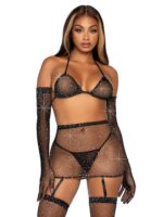 Woman modeling the five-piece Risk Taker Rhinestone Set featuring fishnet gloves and a garter skirt.